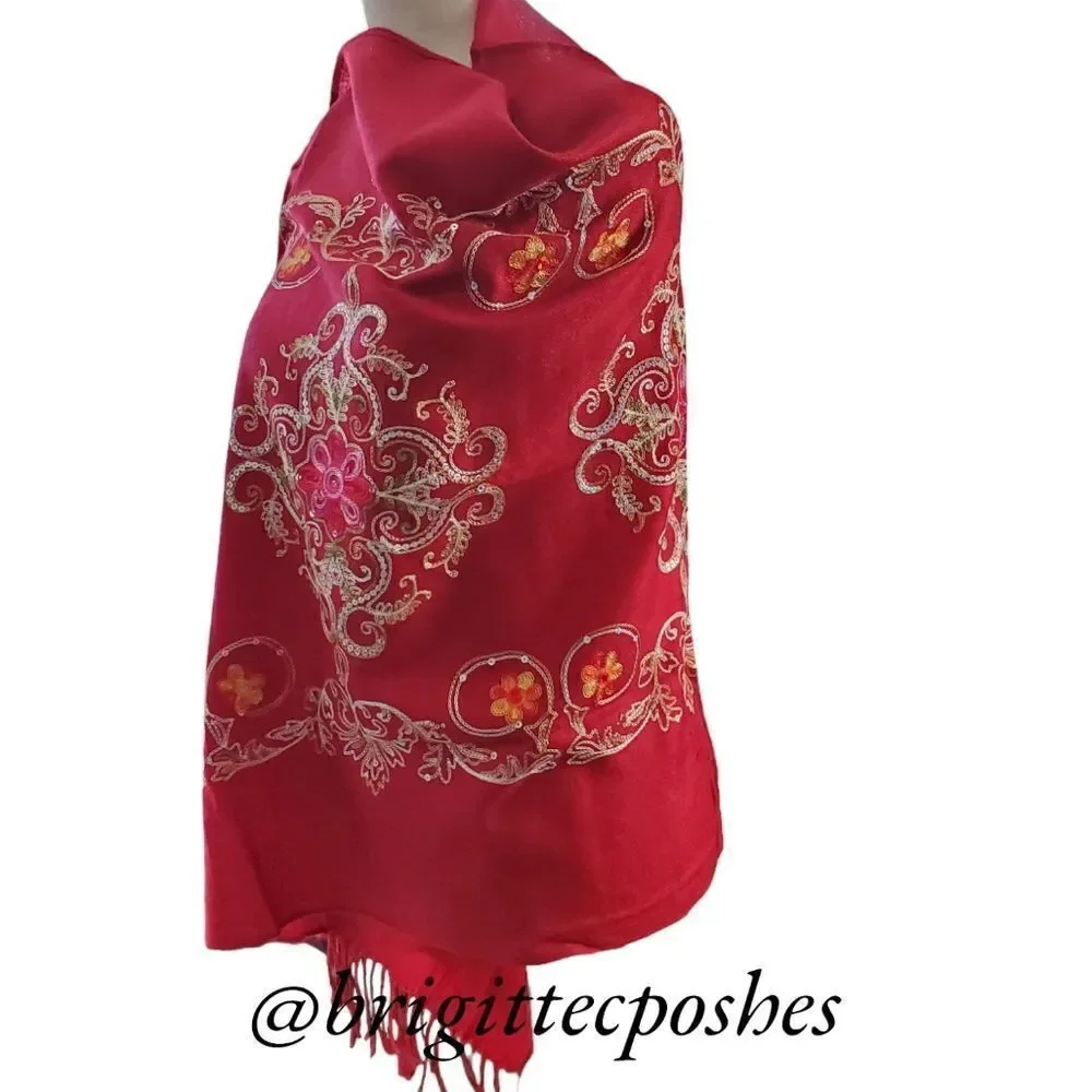 HANDMADE Embroidered Sequined Designed Deep Burgundy Shawl